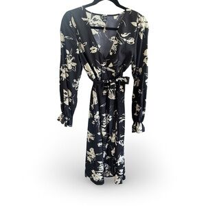 SHEIN Mock Wrap Dress Black and ivory Floral Long Sleeve
